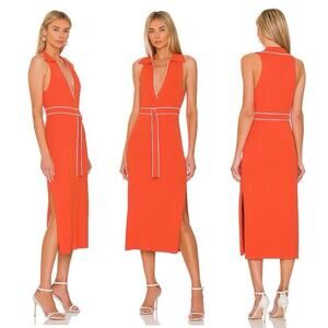 Nicholas Giuliana Ribbed Knit Midi Belted Sweater Dress Large Orange Stretchy